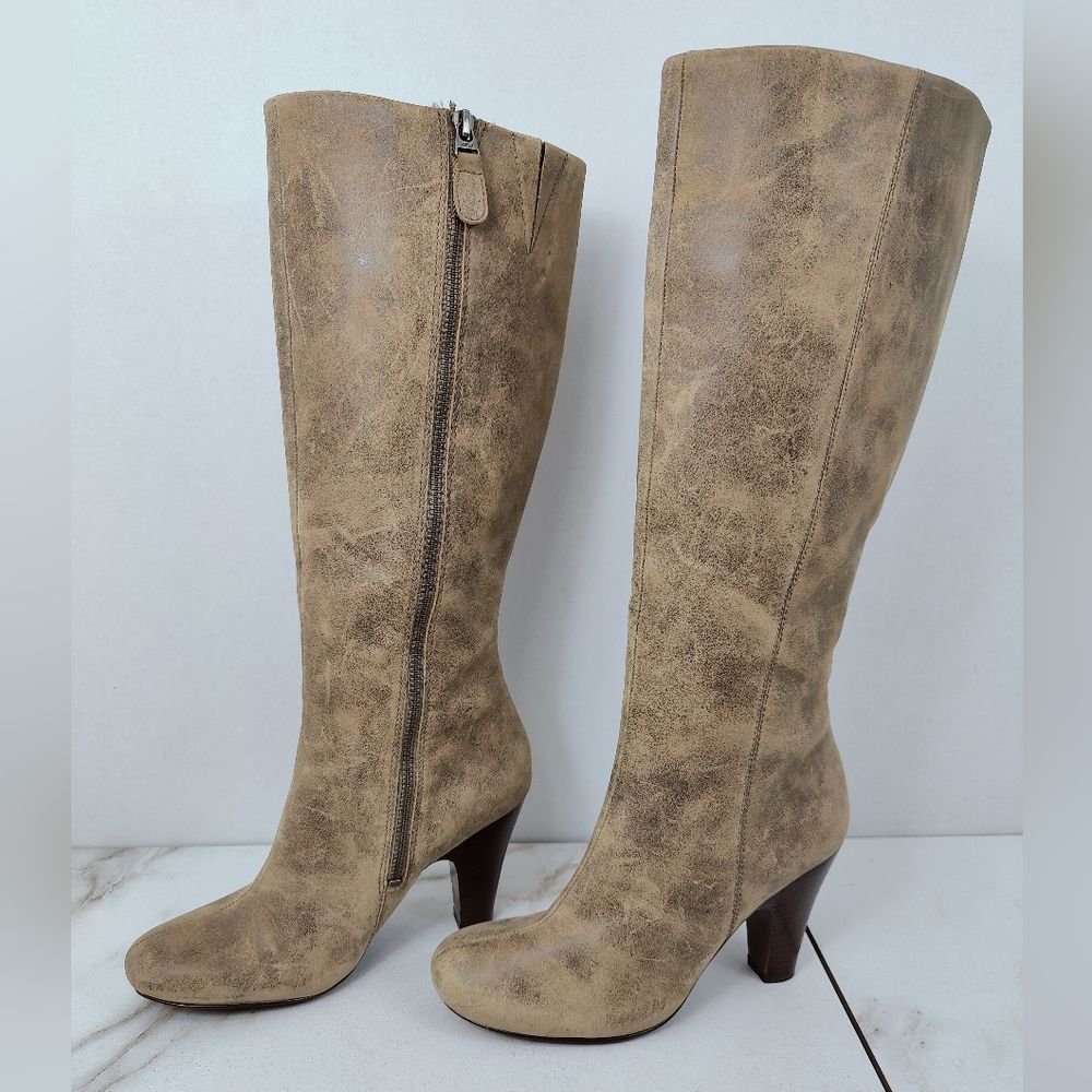 Fossil Women's Taupe Distressed Genuine Leather Knee High Heel Boots, Sz 7